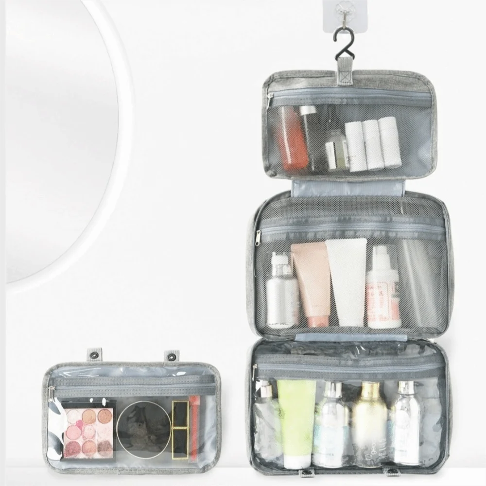 حقائب مستحضرات التجميل المعلقة ذات اللون الصلب غير الرسمية بسحاب حقائب مكياج ذات سعة كبيرة رطبة وجافة منفصلة مقاومة للماء وحقيبة غسيل للحمام