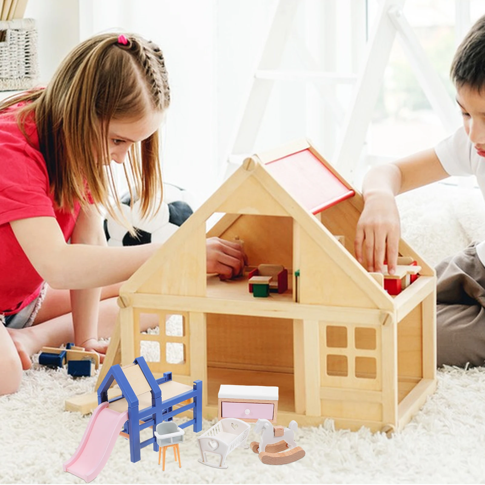 

1Set Miniature Dollhouse Furniture 1:12 Scale Baby Cradle Slide Rocking Horse Stool Kids Pretend Playroom Set Mini Bed Toy