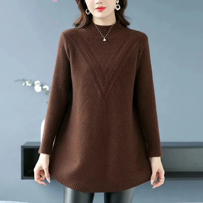 NEW Autumn Large Size Women Sweater Pullovers Fashion Half Turtleneck Knitted Dress Mother Long Sleeve Casual Long Wool Sweaters