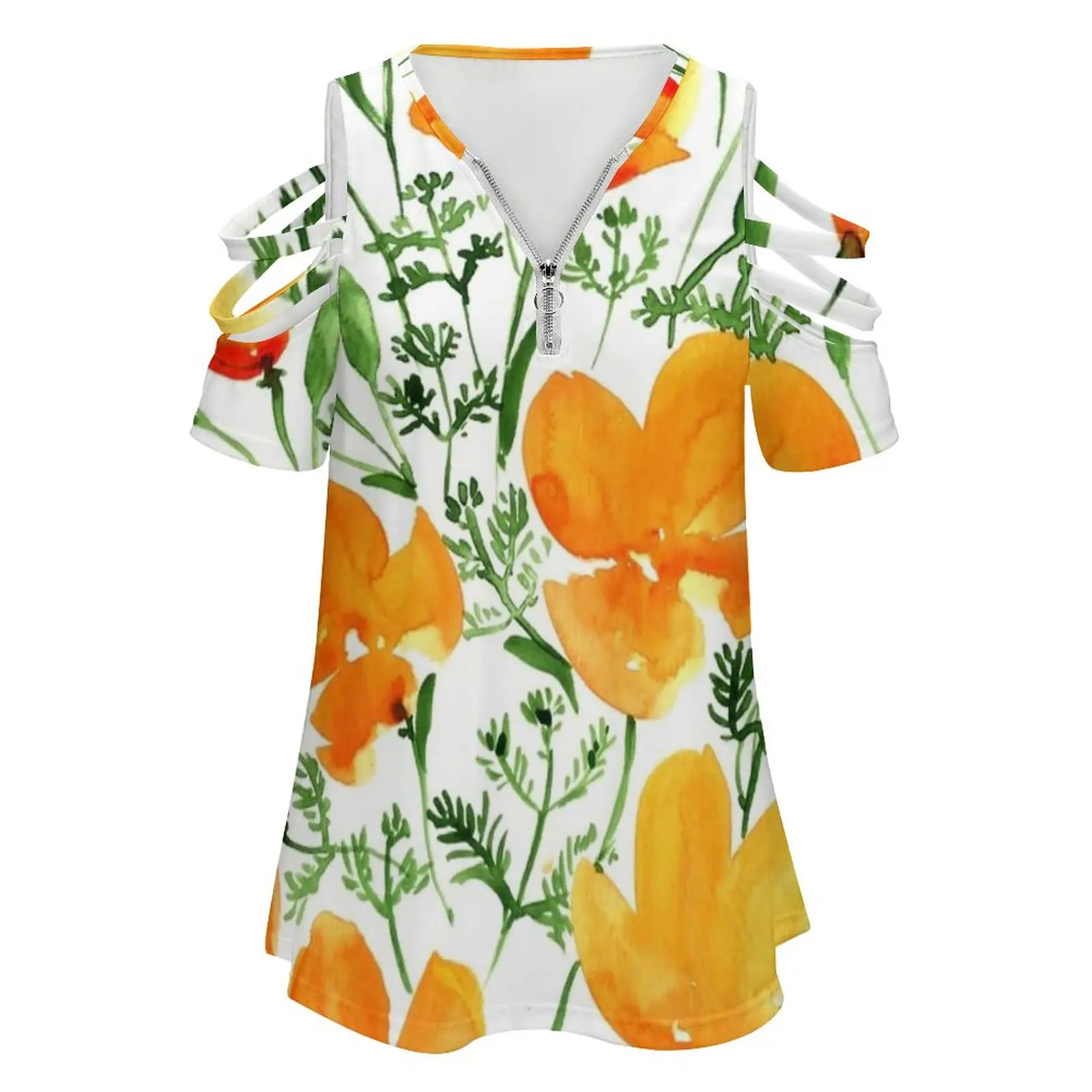 Watercolor California Poppies New Fashion Zip Off Shoulder Top Short-Sleeve Women Shirt Ilp076 Watercolor California Poppy Boho