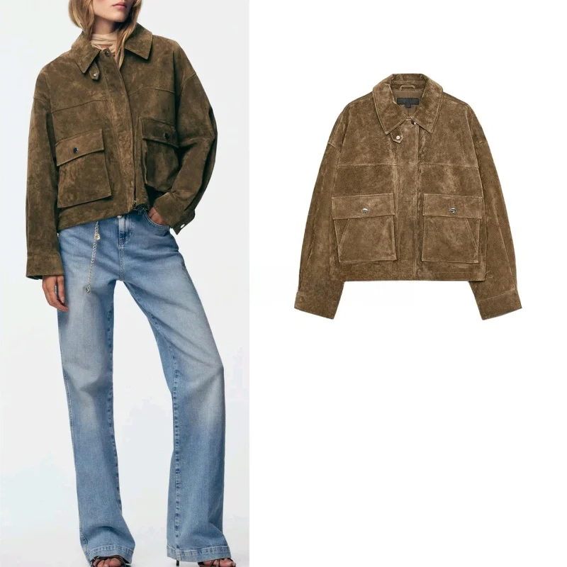 Jesienne Nowości Damskie Zamszowe Kurtki Pilotki Długie Z Wykładanym Kołnierzem Odzież Wierzchnia Codzienna Wygodna Poliester 00%