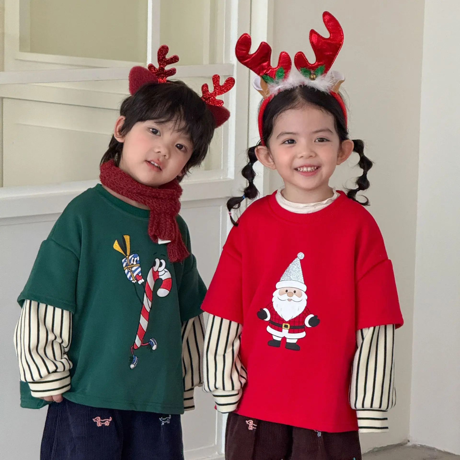 Christmas Children's Hoodie Fake Two-piece Striped Loose Fitting 2026 New Spring and Autumn Baby Long Sleeved Top