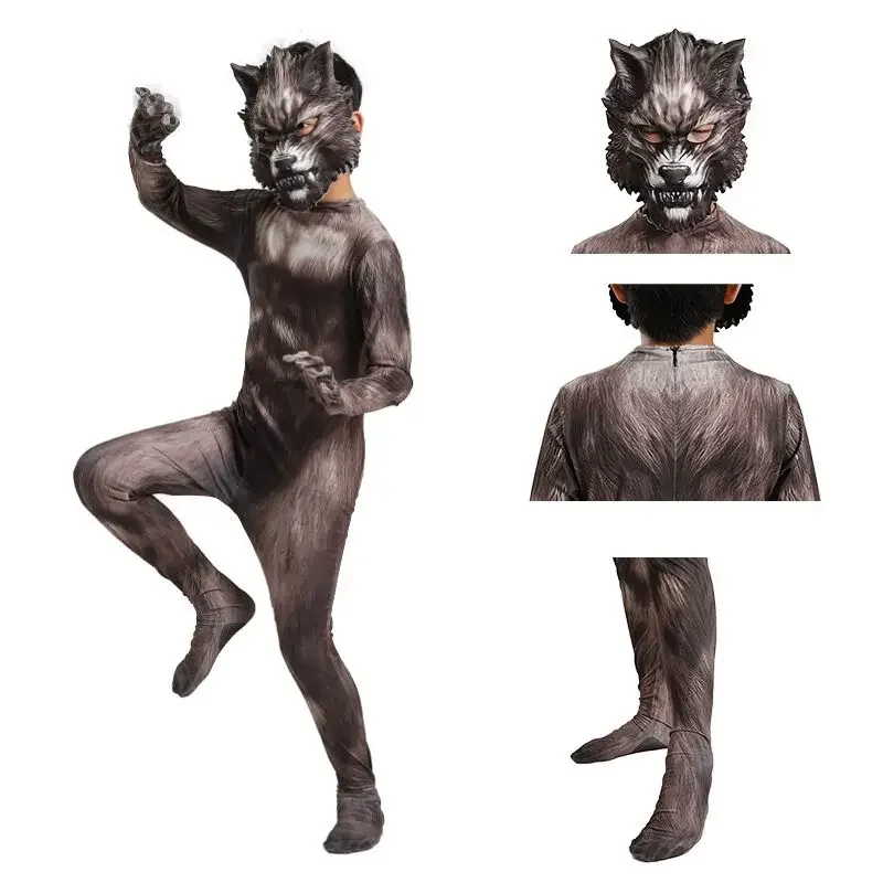 Werewolf Cosplay Costume Jumpsuit 3D Mask Suit Bodysuit Carnival Birthday Party Clothes Animal Wolf Costume for Kids Adult