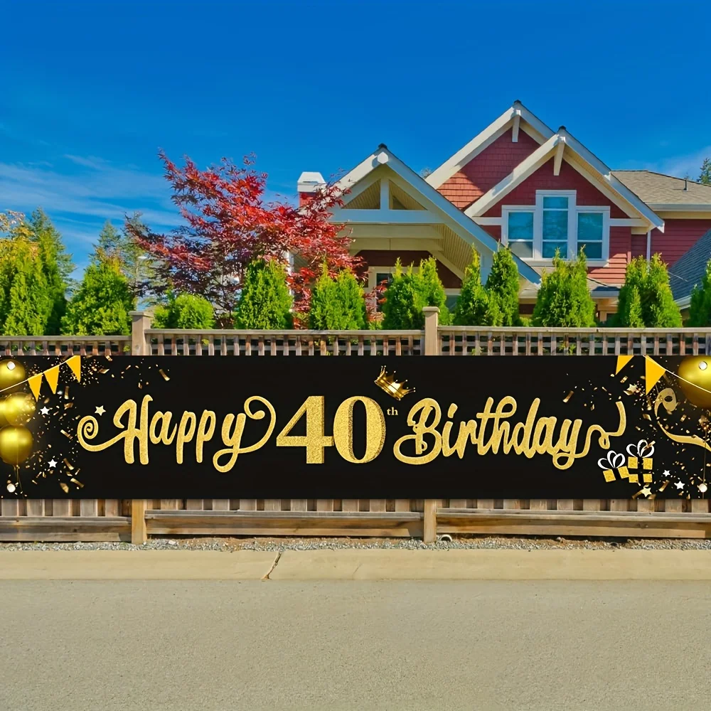VIKAMA Schwarzgold „Happy 40th Birthday“-Party-Banner mit Aufdruck, Hintergrundwand für die Terrasse im Freien, Geburtstagsfeiern, Wohndekoration
