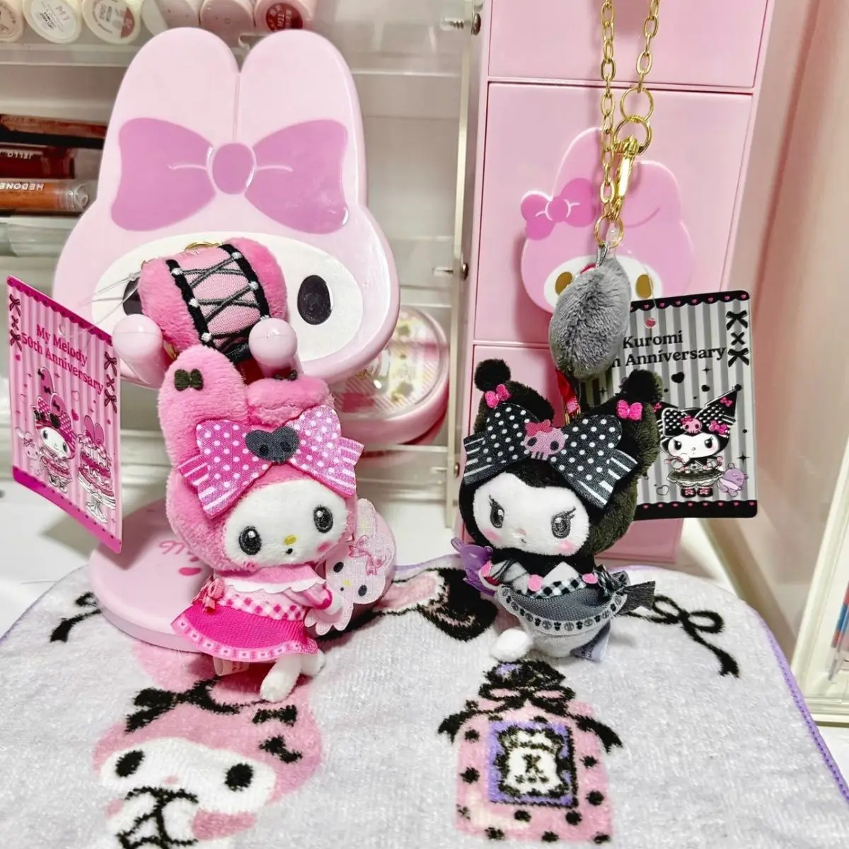 My Melody Kuromi Sanrio Wave Point Bowknot Side Body Attire Cartoon Keychain Bag Pendant Plush Doll Birthday Gift for Friend view 5