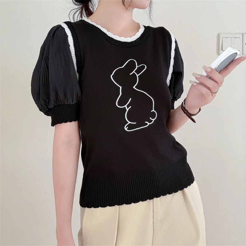 

Women's Summer New Rabbit Embroidery Cool Silk Knit Top Short Sleeve T-Shirt