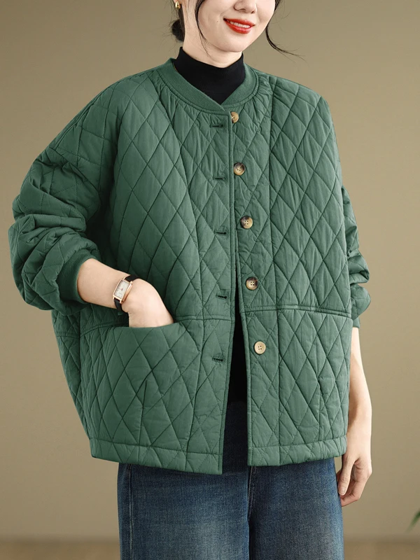 معطف Jaet نسائي كاجوال من القطن بنمط ألماس عتيق النسخة الكورية للخريف والشتاء معطف طويل Sve مستدير Ne #4