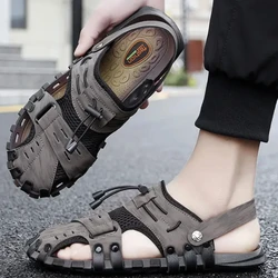 Men Trendy Sandals Hollow Slippers Summer Handmade Retro Beach Non-slip Lightweight Round Head Solid Colour Casual Shoes