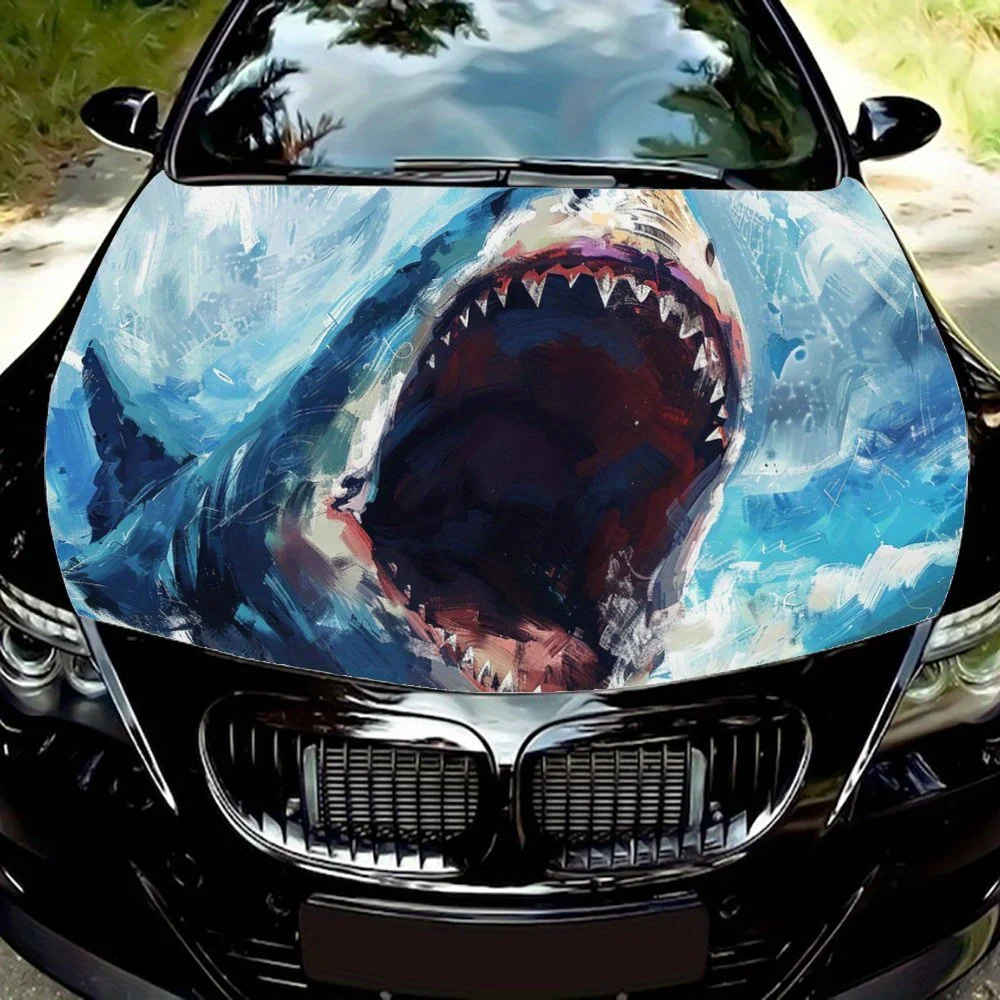 Shark with Gaping Mouth Sharp Teeth Car Hood Wrap Color Vinyl Sticker Truck Graphic Bonnet Auto Accessories Decoration Decal