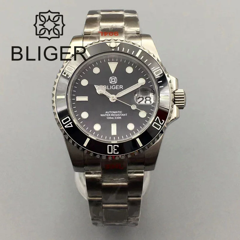 BLIGER 40mm Men\'s Watch 24 Jewel NH35A Mechanical Sapphire Glass Black Dial Luminous Stainless Steel Bracelet Waterproof Date