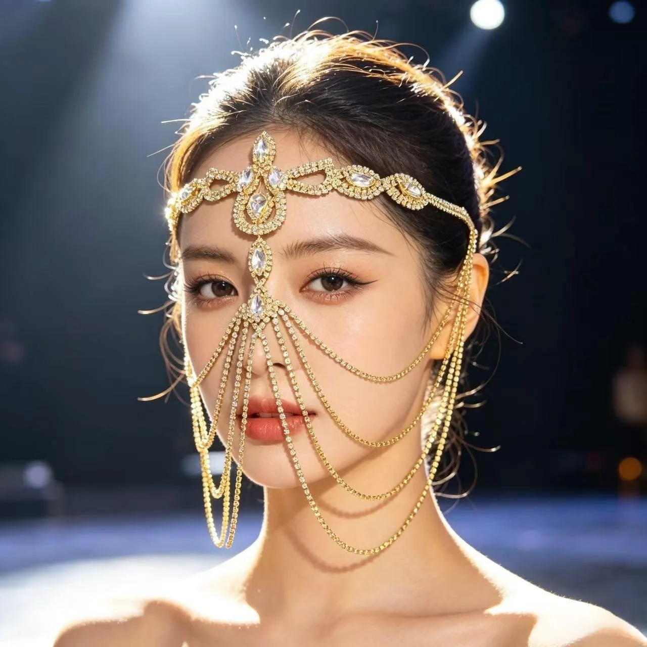 Elegant and exaggerated temperament, rhinestone mask, makeup, evening party, face decoration, banquet accessories, female