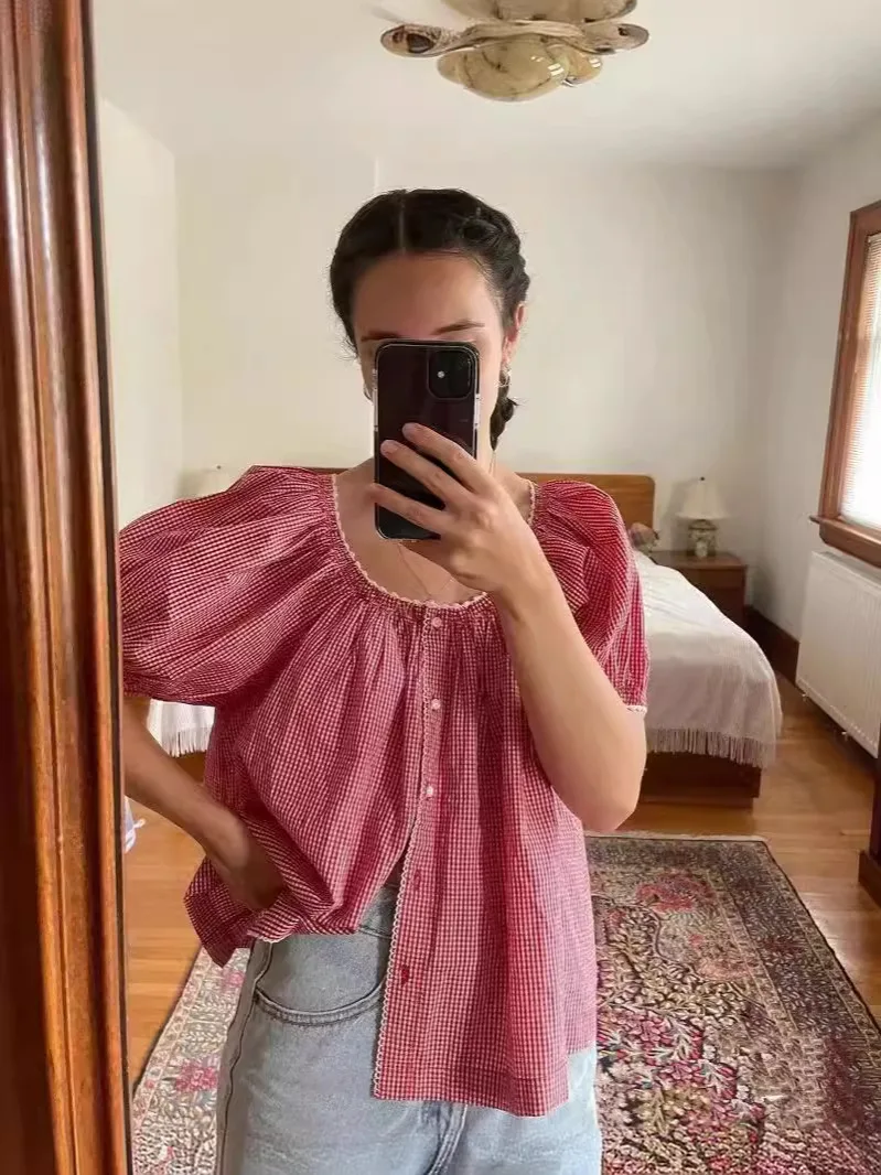 

Women Red Plaid Blouse Top Single Breasted Round Neck Puff Sleeve Casual Female 100% Cotton Shirt