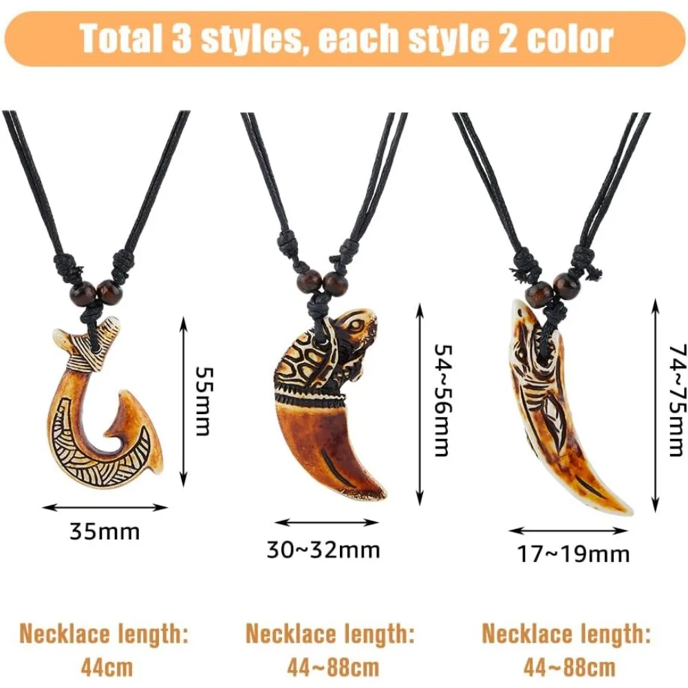 6 Pcs Maori Fish Pendant Necklaces Fish Hook Pendant Necklaces Resin Shark Tribal Necklaces with Adjustable Black Wax making kit