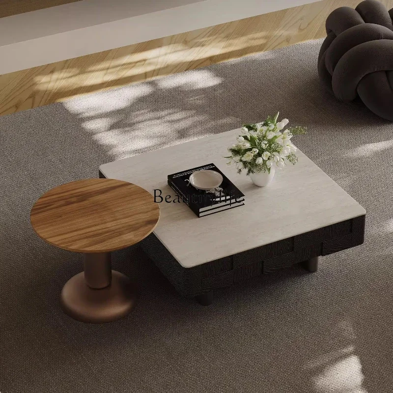 

Ljy Wabi Sand wind travertine rock slab coffee table combination square living room household small apartment designer high-end