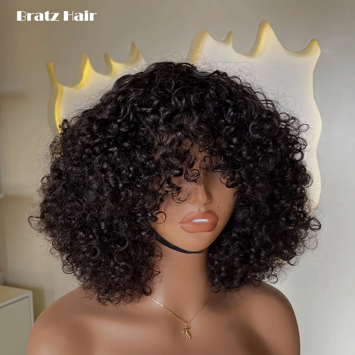 

Super Double Drawn None Lace Pixie Curly Wig 100% Human Hair Kinky Curly Glueless Bob Wig with Bangs Human Hair Fringe Curly Wig