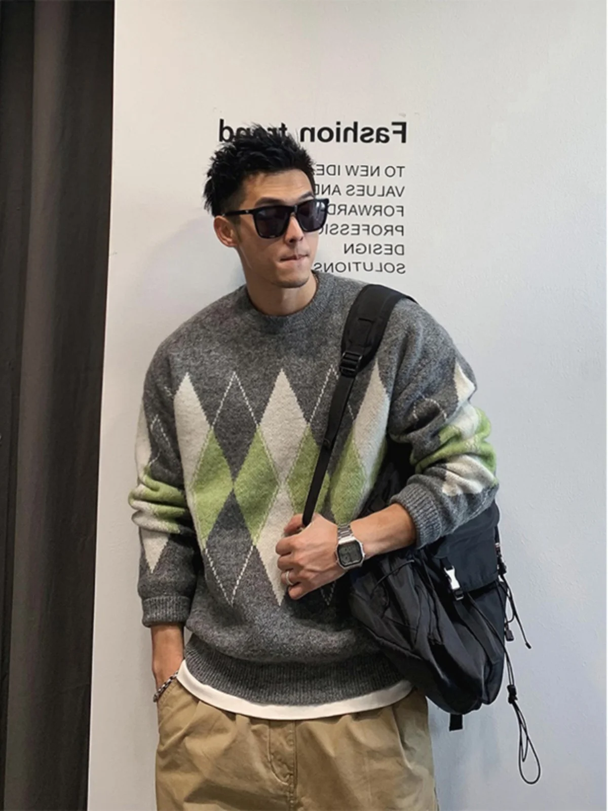 

American Casual Men's Knitted Sweater round Ne Long Sve Vintage Diamond Pattern Loose Fit Base Layer Outerwear Trendy