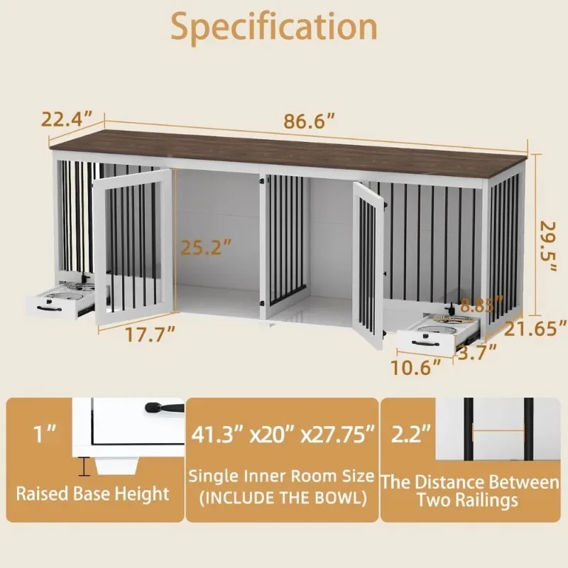 Furniture Style Large Dog Crate for 2 Dogs, 86.6 Heavy  Wooden Dog Kennel with Dog Bowl Drawers & Divider, Indoor Furniture
