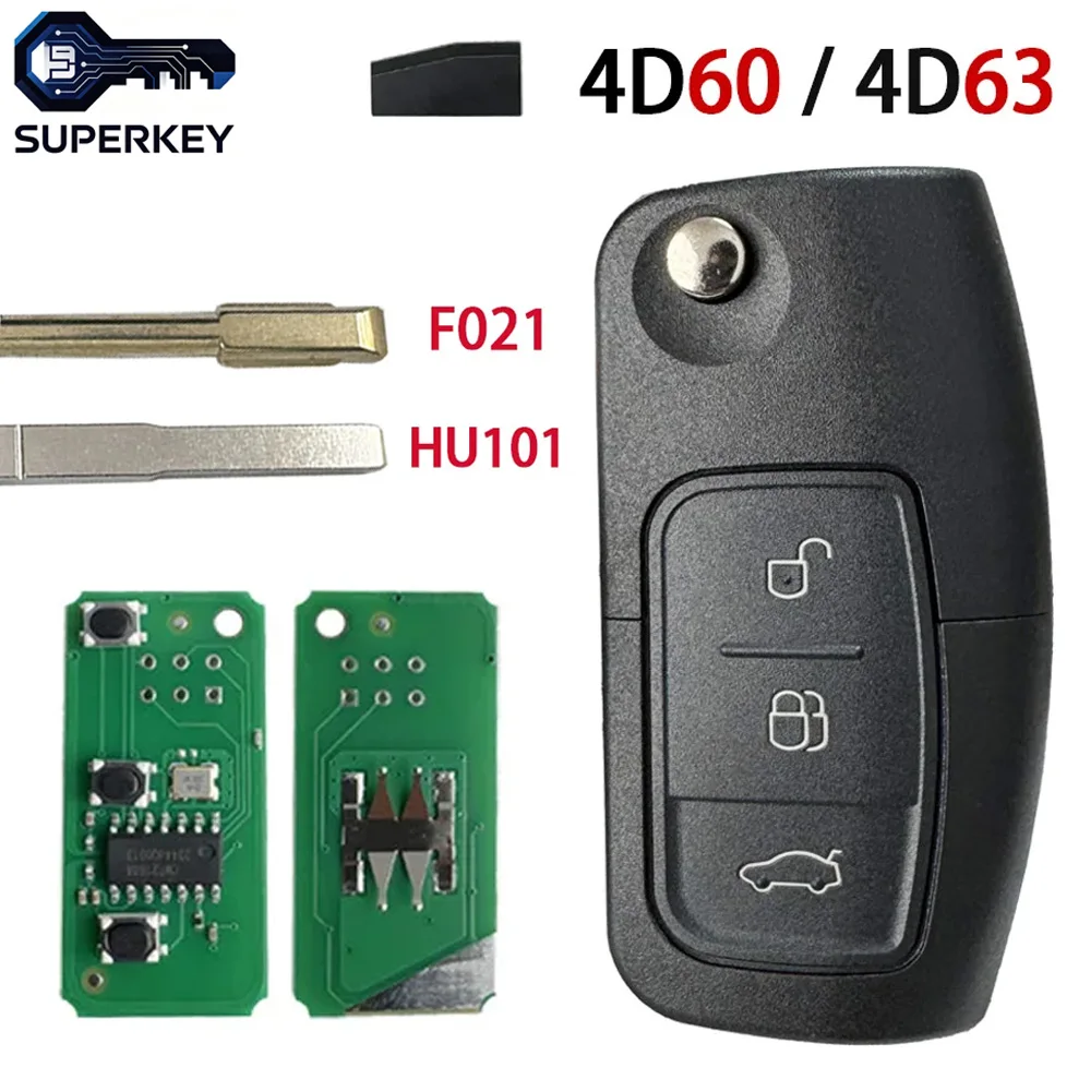 SUPERKEY 4D63/4D60 Chip 433MHz 3 Button Flip Remote Car Key For Ford Fusion Focus Mondeo Fiesta Galaxy F021 HU101 Blade