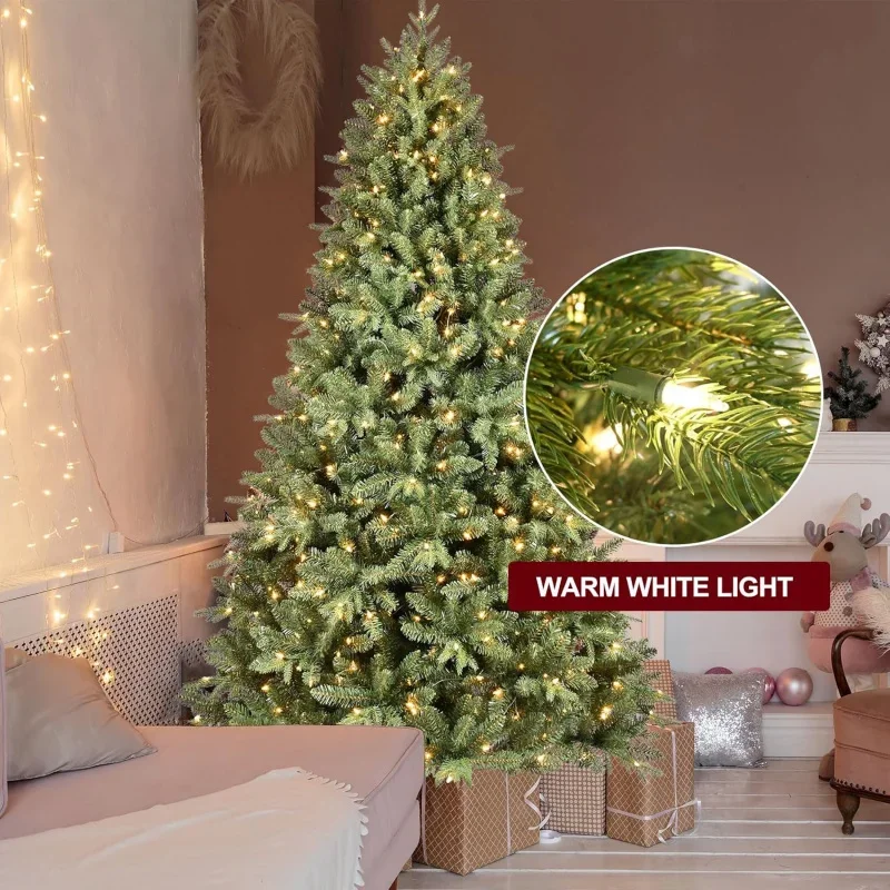 Albero di Natale artificiale pre-illuminato da 6,5 piedi con 1651 punte di rami misti in PE e PVC, 450 luci bianche calde, finto abete rosso premium incernierato X