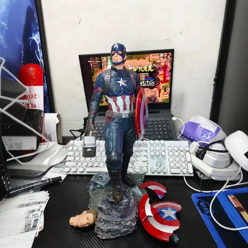 

40cm Avengers Endgame Big Captain America Steve Double Headed Sculpture Interchangeable Hands Figurine Film Derivative Ornaments