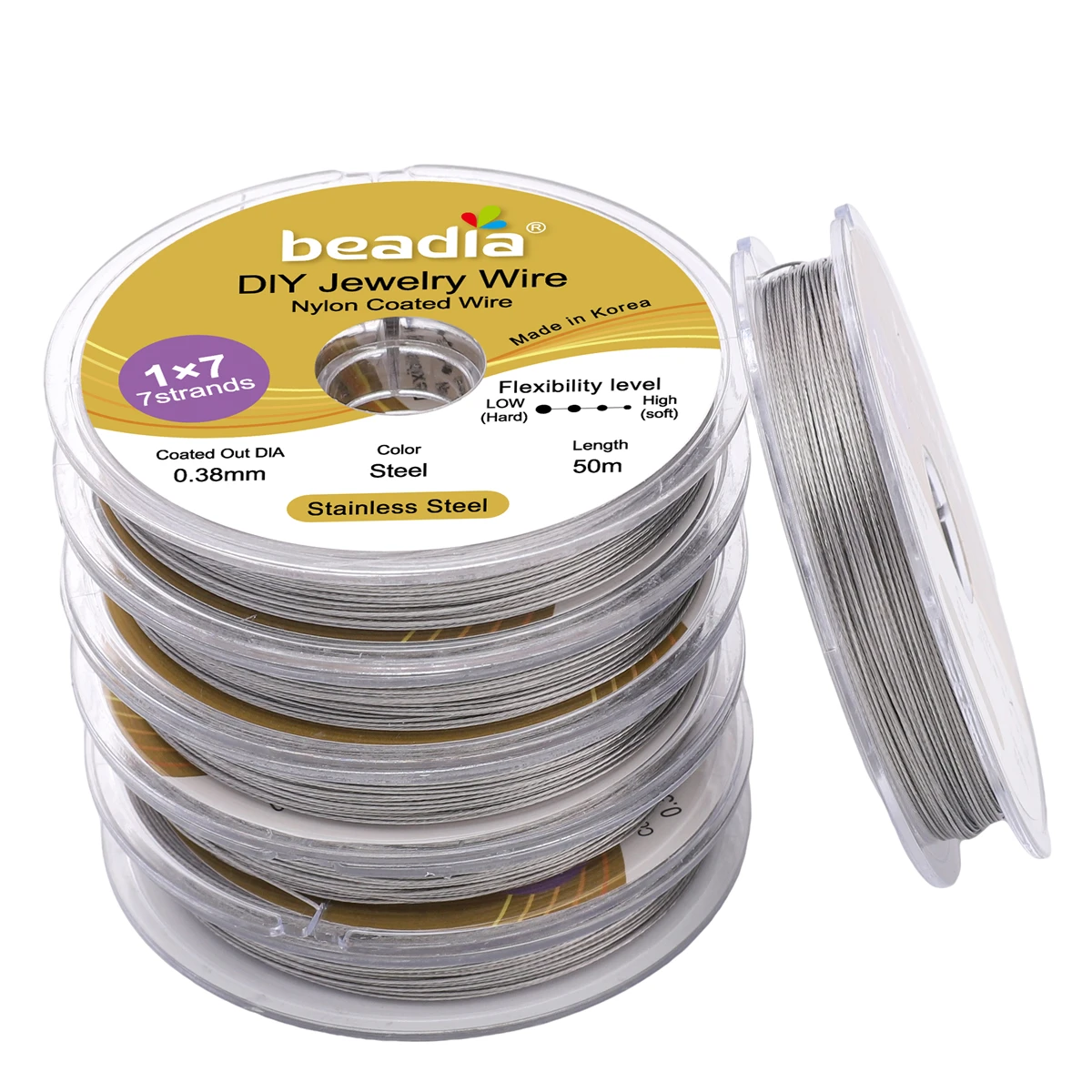 30–50 m/Rolle, 0,3/0,38/0,5/0,6 mm, Rhodium-Goldfarbener Stahldraht, Nylon-beschichteter Perlendraht für Schmuckherstellung, DIY-Armbandzubehör