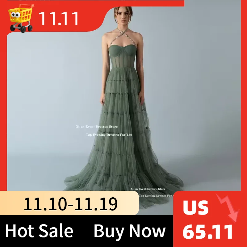 

Xijun оливково-зеленые вечерние платья из тюля трапециевидной формы, длинные платья для выпускного вечера в форме сердца, вечерние платья без рукавов с бусинами, 2021, на заказ