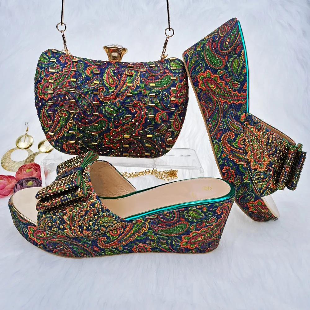 

Fashion Green Women Shoes Match Butterfly Knot Decoration African Dressing Pumps And Bag set J-2201,Heel 7CM