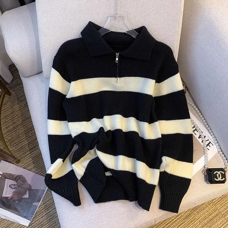 Women Clothing Loose Vintage Polo Collar Striped Sweaters Spring Autumn Fashion Korean Version Zipper Knit Pullovers Casual Tops