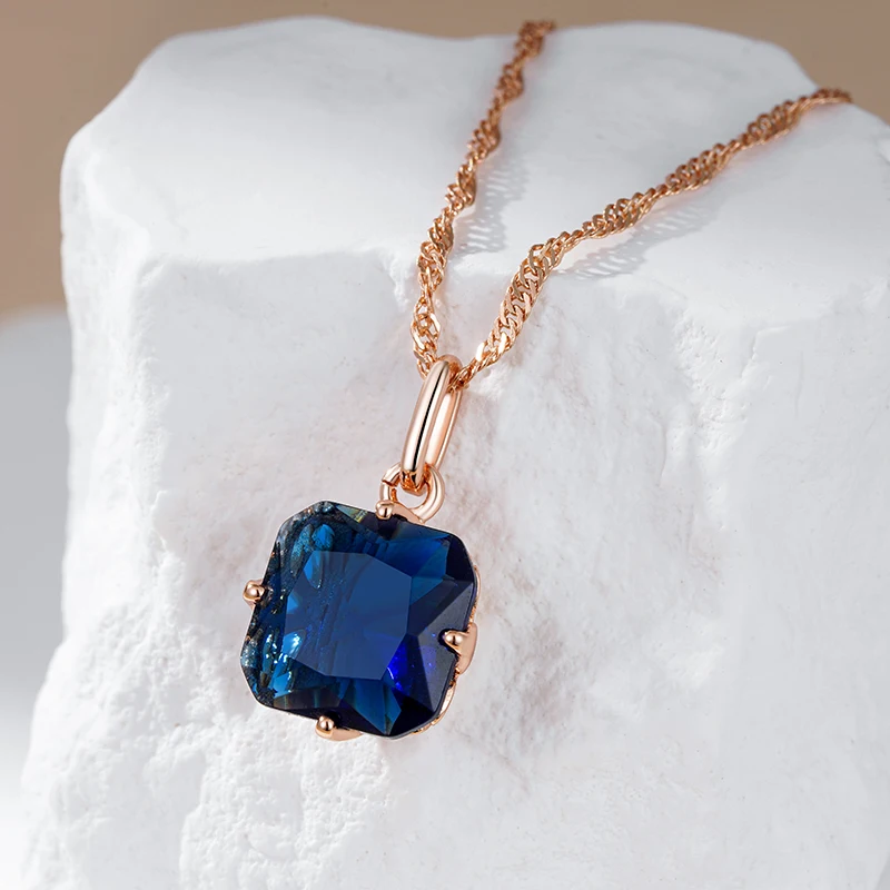 Classic Square Blue Zircon Pendant Necklace for Women 585 Golden Vintage Daily Jewelry Fashion Stone Accessories Gifts