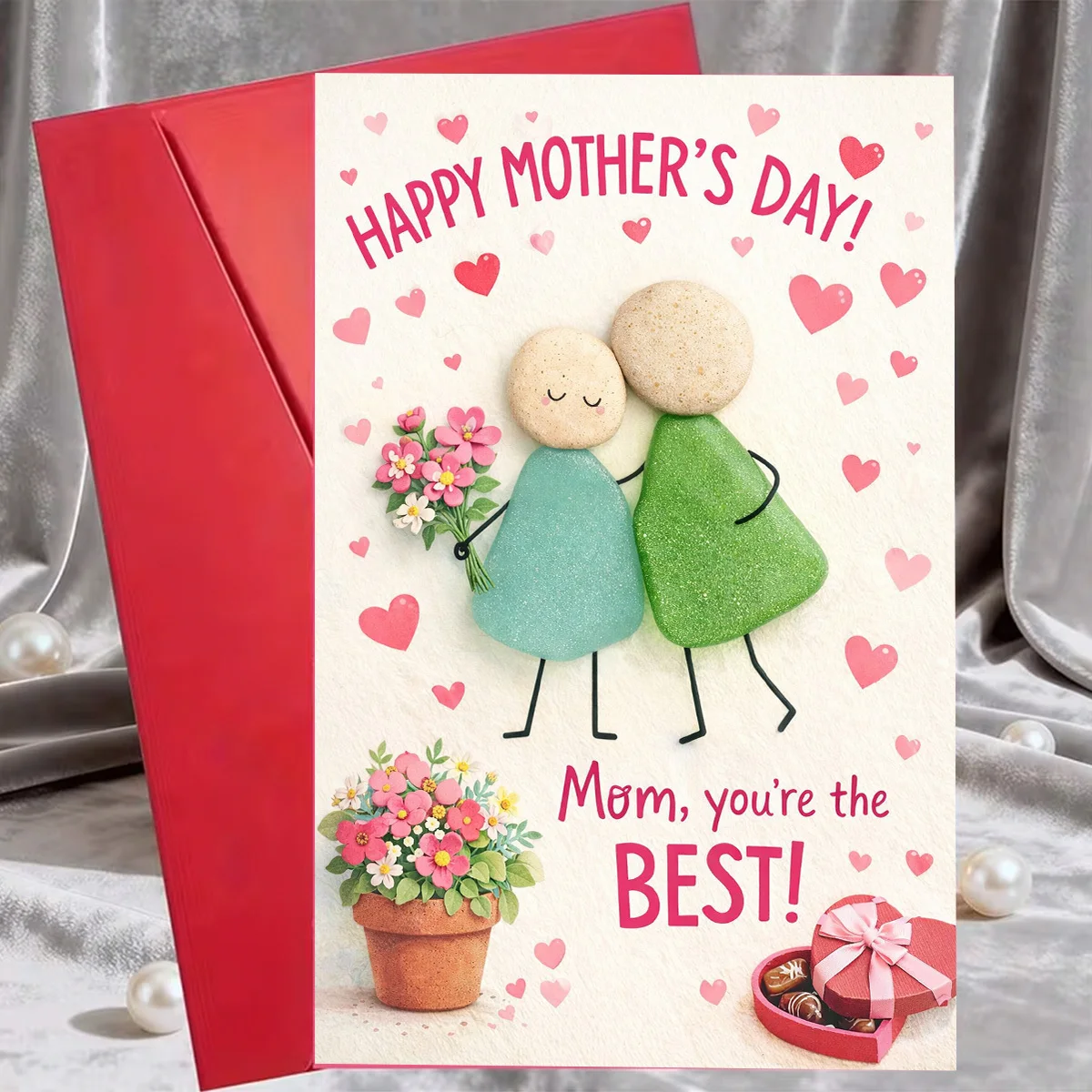Cute stone sculpture mother and son image, flowers and gifts, warm hand-painted style Mother's Day greeting card