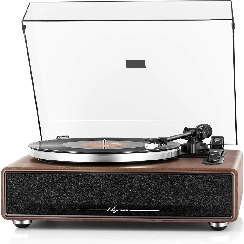 1 by ONE High Fidelity Belt Drive Turntable with Built-in Speakers, Vinyl Record Player with Magnetic Cartridge, Bluetooth Playb