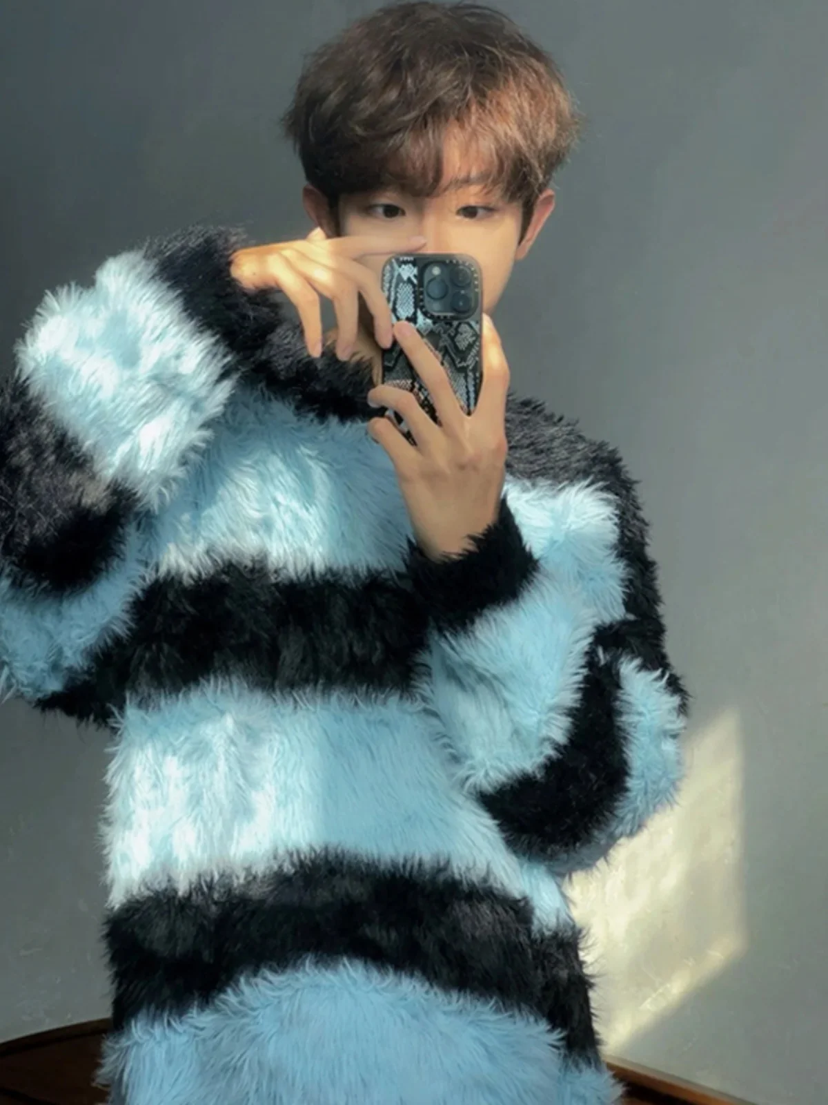 

Men's Winter Knitted Sweater round Ne Stripe Base Layer Color Blo Camere Teenage Outerwear Casual Loose Fit Long Sve