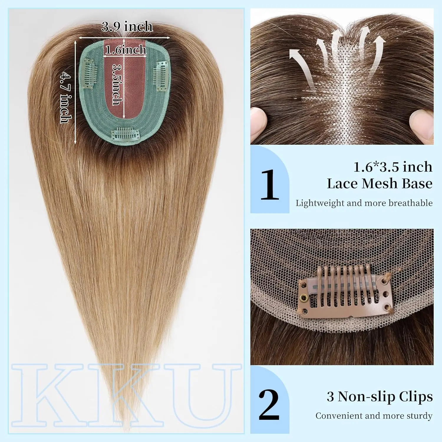 Remy Human Hair Pieces Ombre Brown Human Hair Toppers Middle Part Straight Hair for Women Loss Hair 4x9cm Silk Base Clip in Hair
