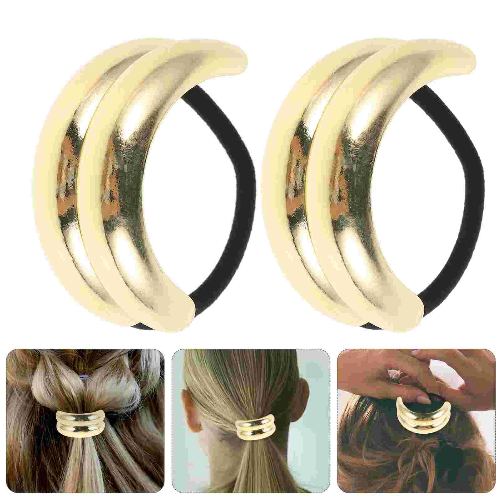 

2 Pcs Hair Ties Gold Cuff for Ponytail Arc Golden Elastic Polyester Metal Women