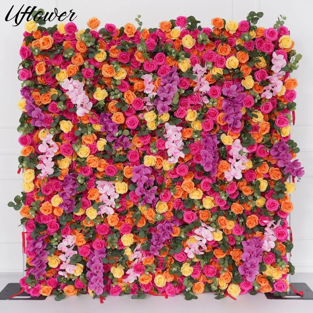 

Uflower 3D Mix Rose Purple Phalaenopsis Greenery Flower Wall Wedding Backdrop Decor Hanging Curtain Roll Up Event Party Props
