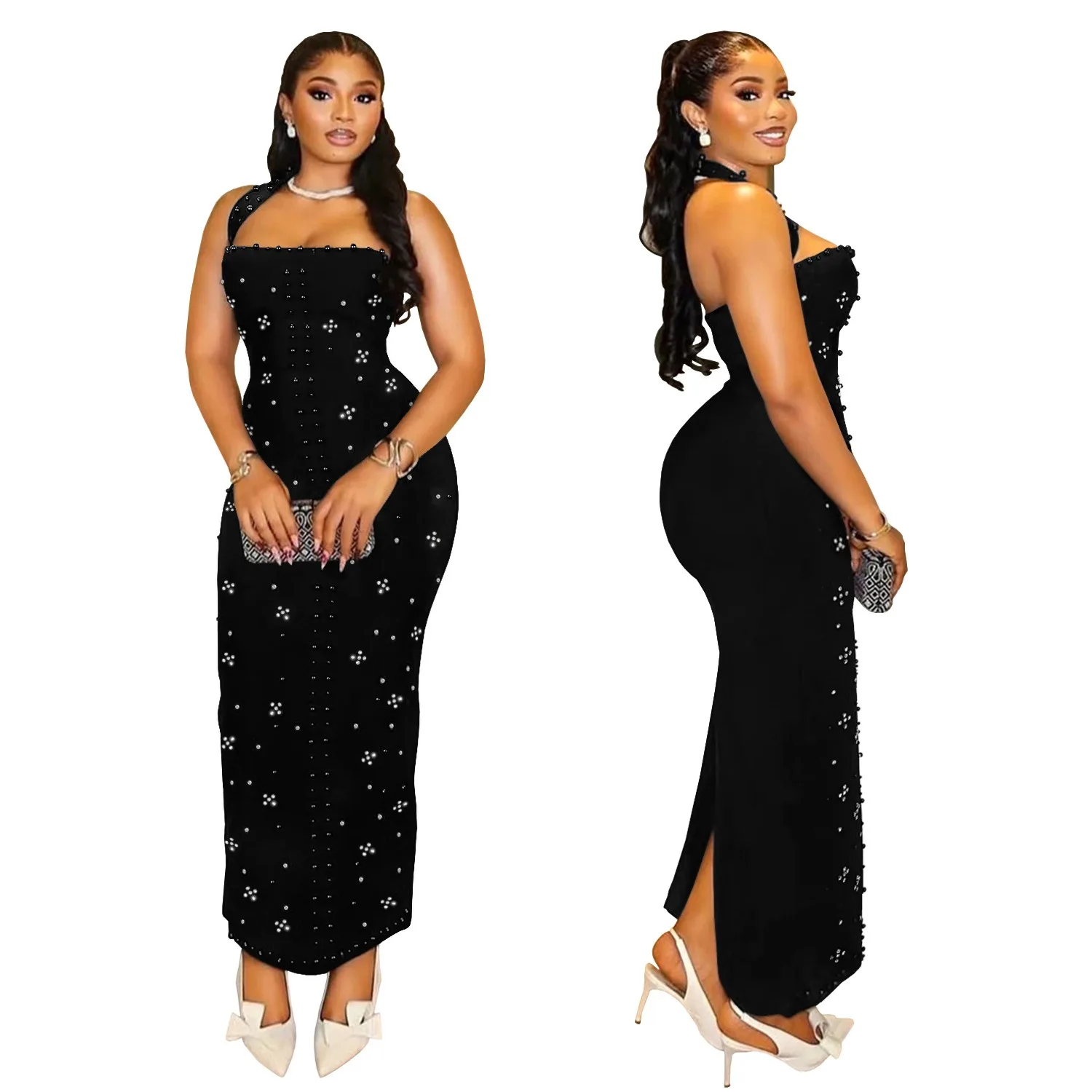 Abiti sexy per feste in discoteca, banchetti, club, ballo di fine anno, collo appeso, perline a bolle di perforazione a caldo