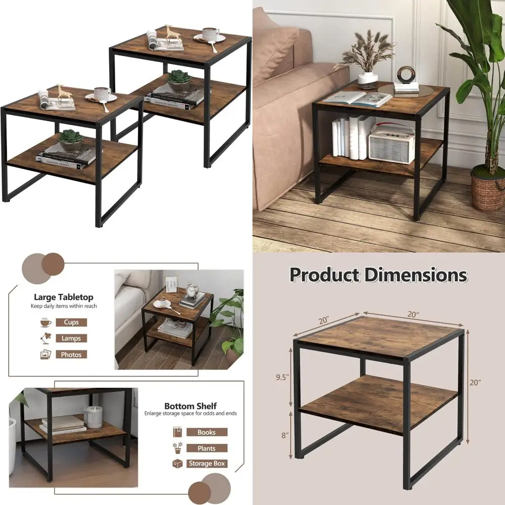 

Набор квадратных столиков GOFLAME из 2 шт., 2-уровневый приставной столик для дивана с открытой полкой, металлический каркас, промышленный чайный столик, компактная тумбочка