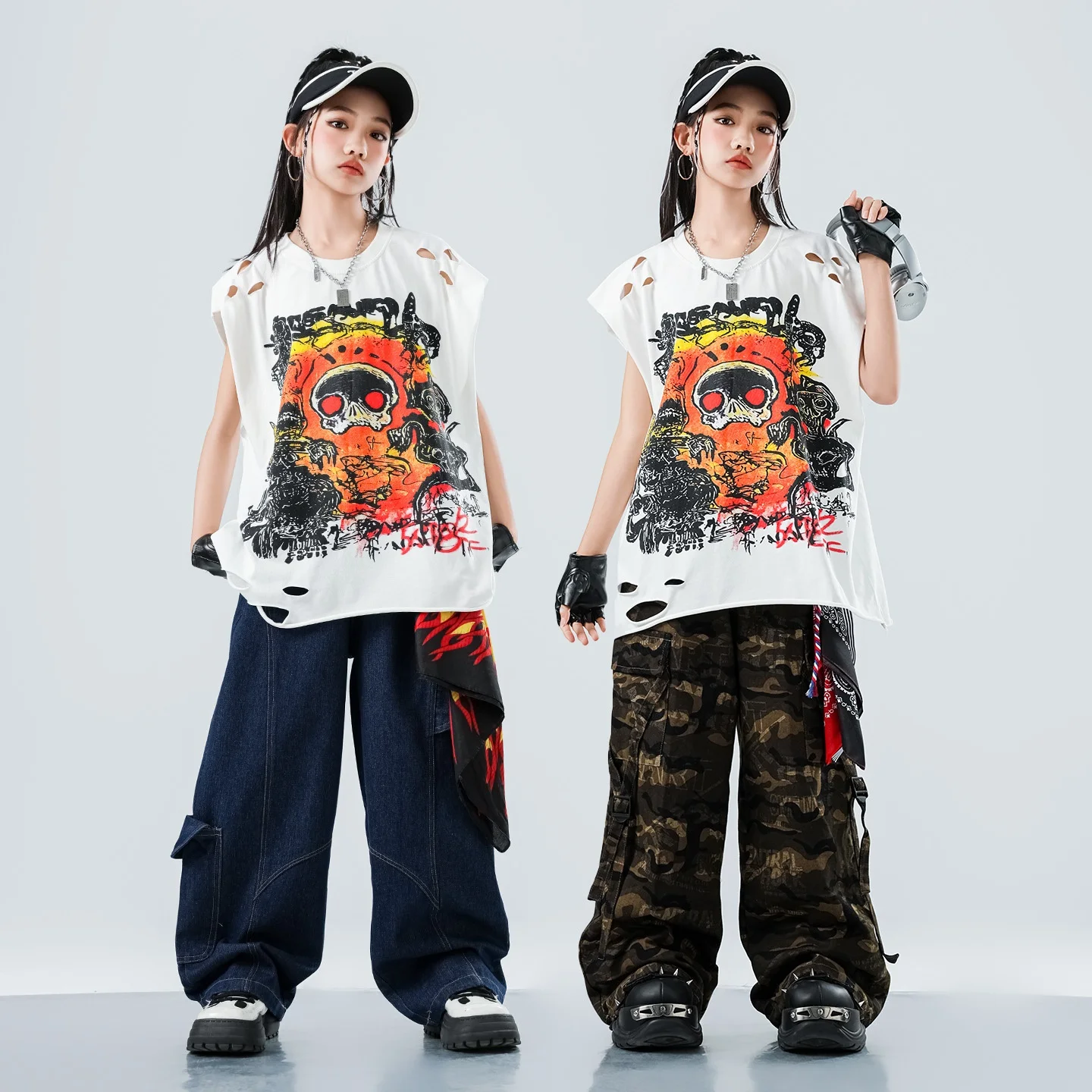 Kinderen Hip Hop Kostuum Meisjes Jazzdans Kleding Wit Tops Camouflage Broek Show Outfit Cool Street Dance Wear AMY2587