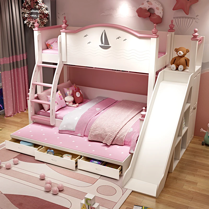 bunk beds,  girls' princess beds, upper and lower wooden children's rooms