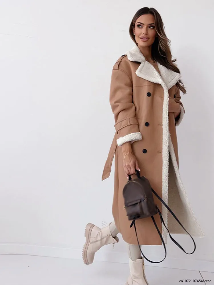 Fur Leather Long Jacket Coats Women Belt Lambswool Long Sleeve Turndown Collar Pocket Female Coat Autumn Winter Lady Overcoat