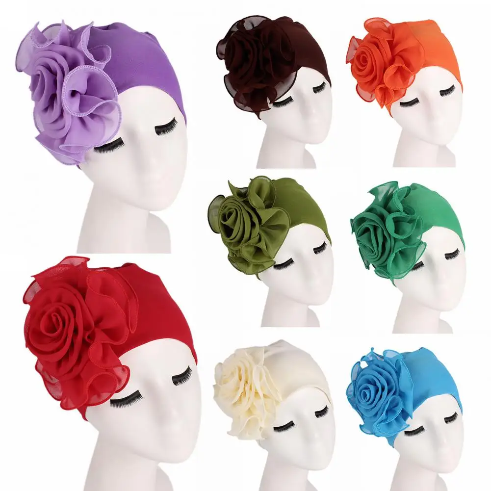 Women Dome Turban Cap Big Flower Multi-purpose Breathable Turban Cap for Outdoor Elastic Cloth Head Cap Hat Hair Accessories