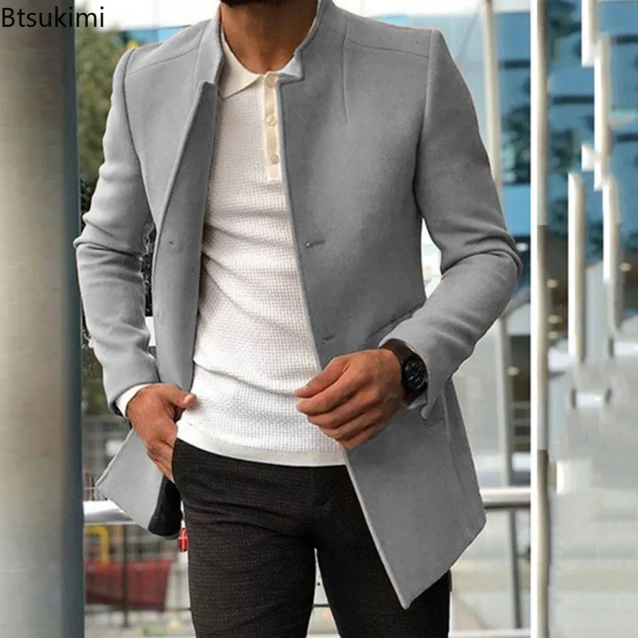 2024 Autumn Winter Fashion Men's Woolen Coats Trend Solid Slim Single Breasted Lapel Long Suit Jacket Man Simple Casual Overcoat