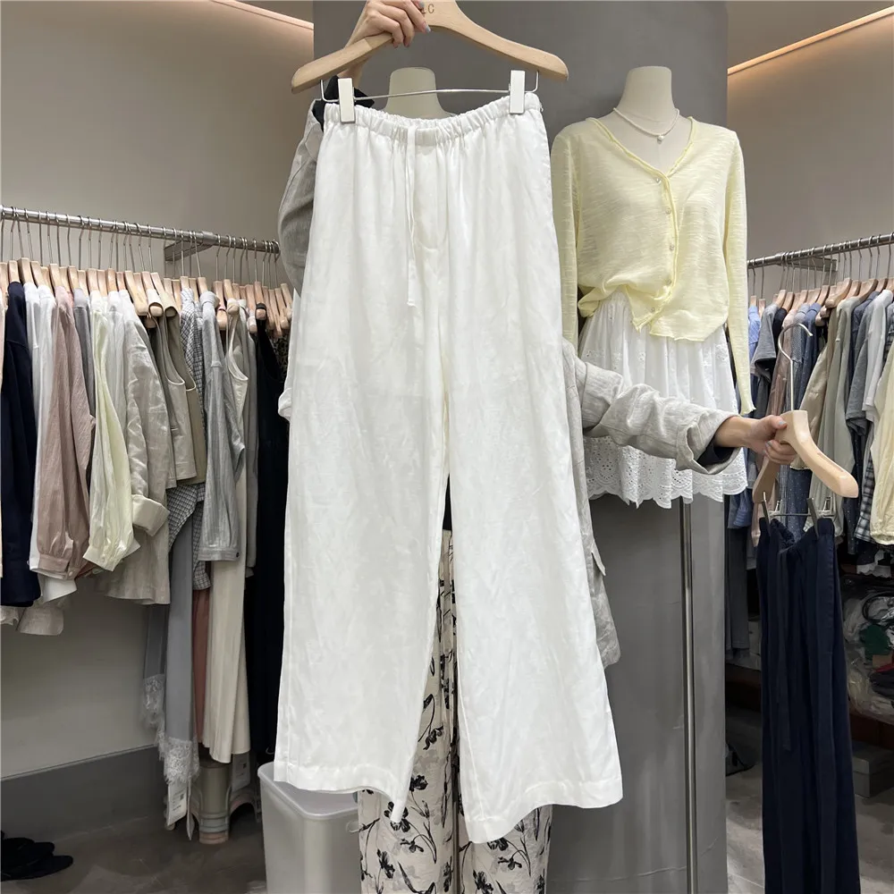 

Summer 2025 Women's Loose Fit Linen Casual Pants Dstring Elastic Waist Color Korean Sle Straight Leg Trousers