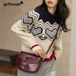 Korean Love Pattern Kawaii Sweet Chic Streetwear Knitted Sweaters Women Autumn Winter Casual Loose Long Sleeve Pullovers Jumpers