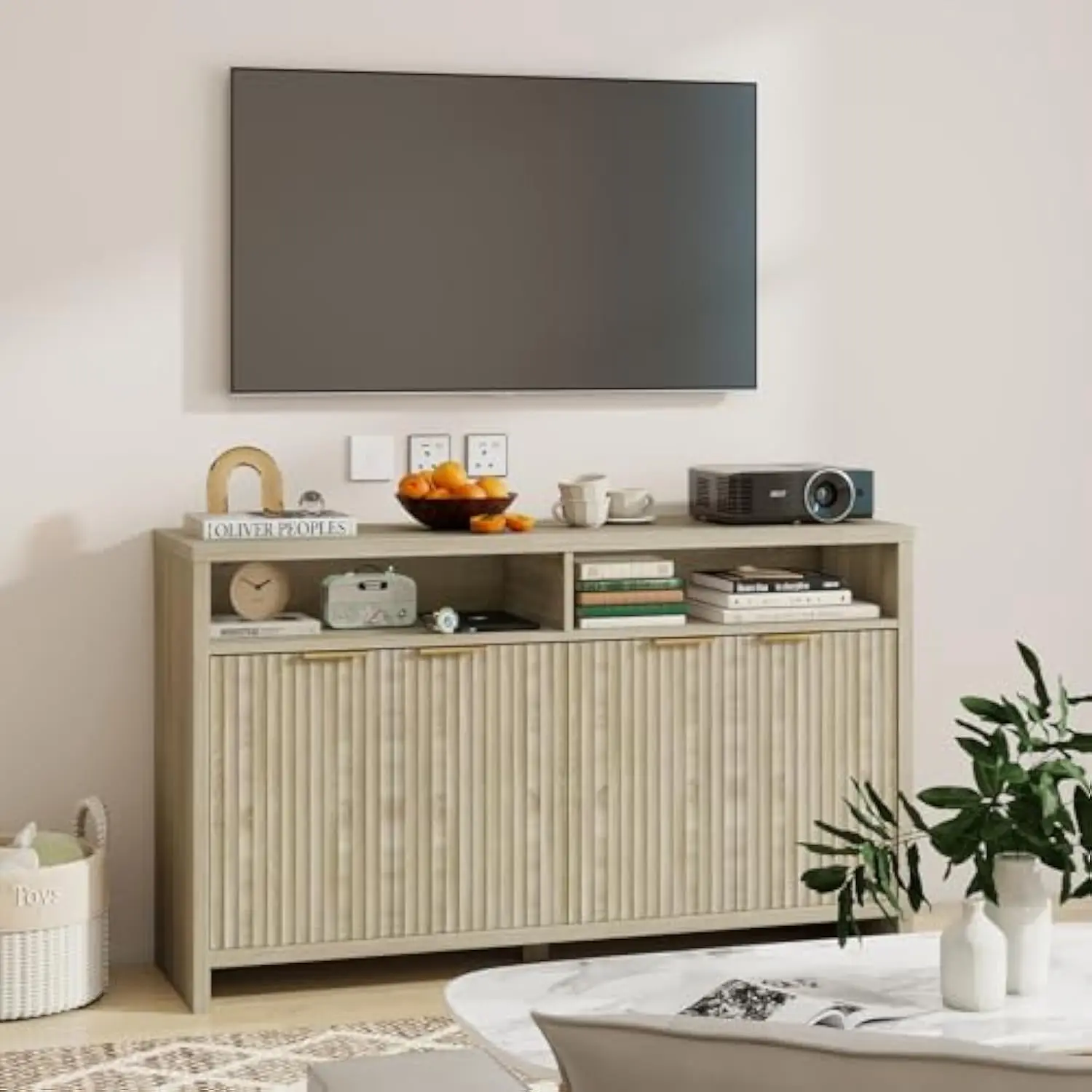 

Oxford Fluted Tv Stand, Entertainment Center Tv Console Table for Living Room Bedroom, Storage Cabinet Accent Cabinet with Door