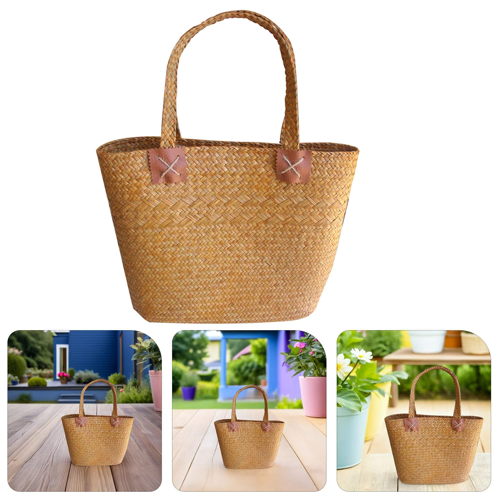

Straw Woven Flower Basket Handcrafted Large Storage Bag for Home Decor Desktop Craft Party Travel Shopping Tote Beach Picnic Use