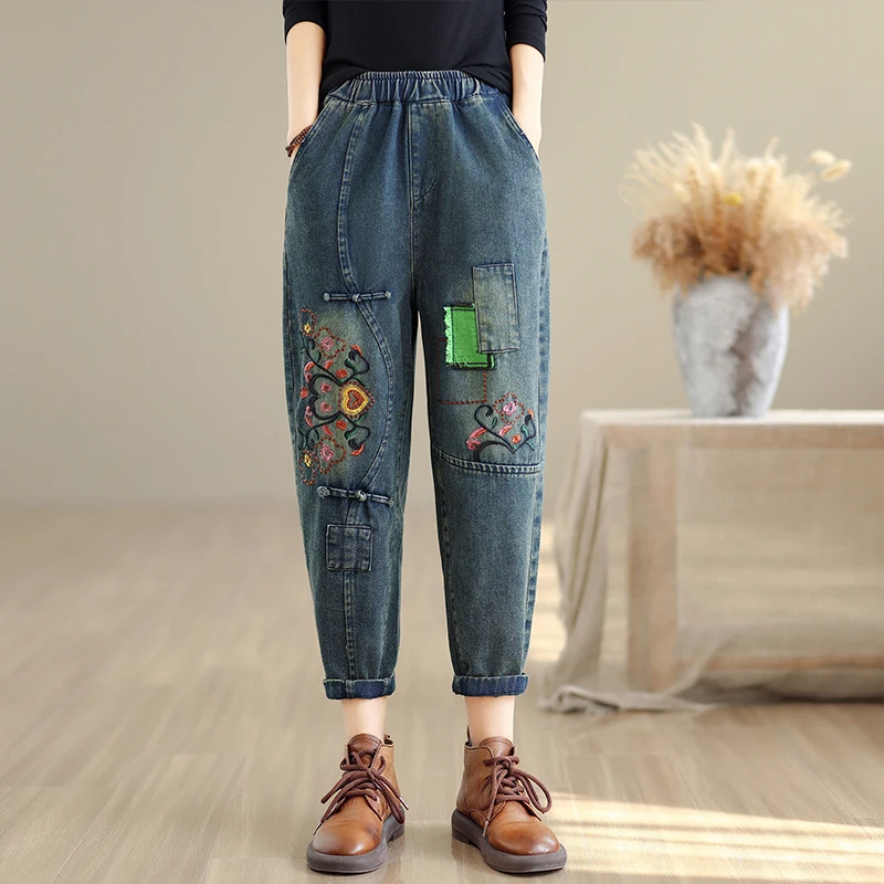 Retro patchwork geborduurde denim broek dames losse elastische taille negendelige harembroek lange katoenen broek herfst Faion