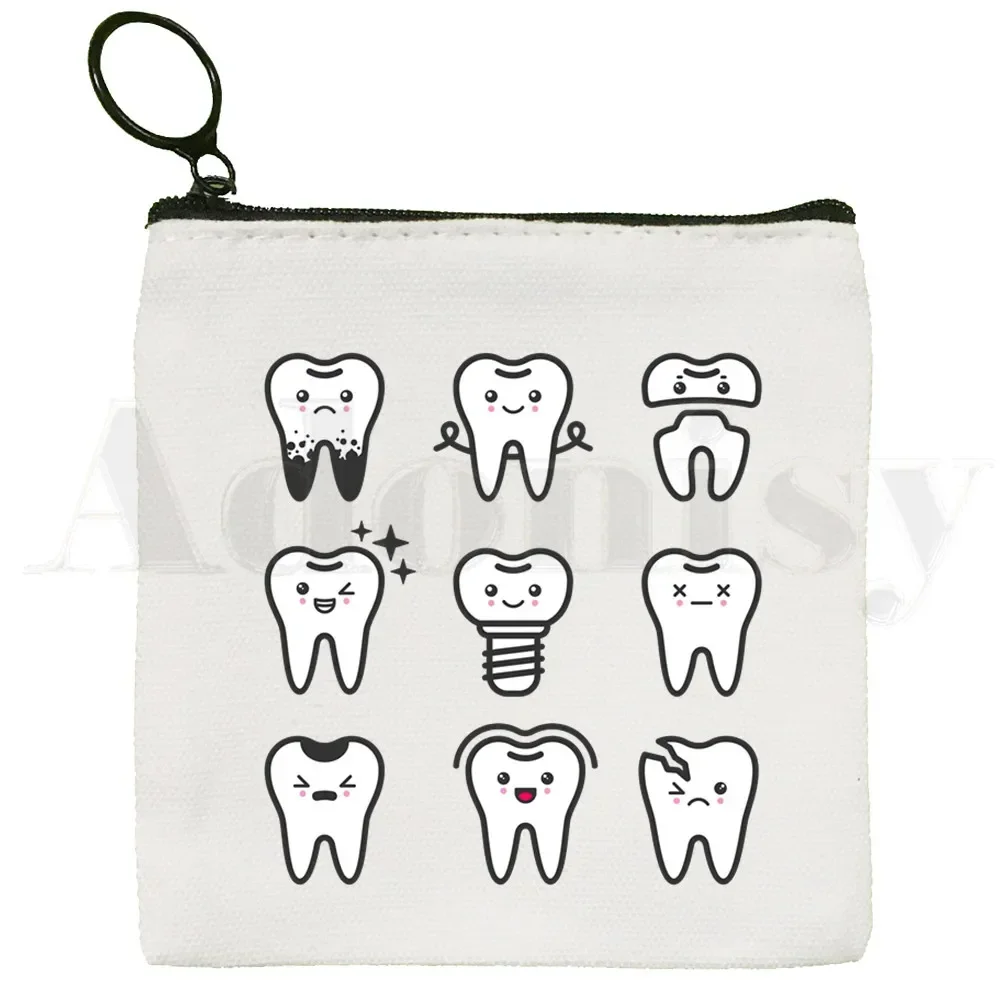 Tooth and Dentist Graphic Aesthetic Funny Coin Purse Storage Small Card Key Bag Coin Clutch Zipper Key Bag