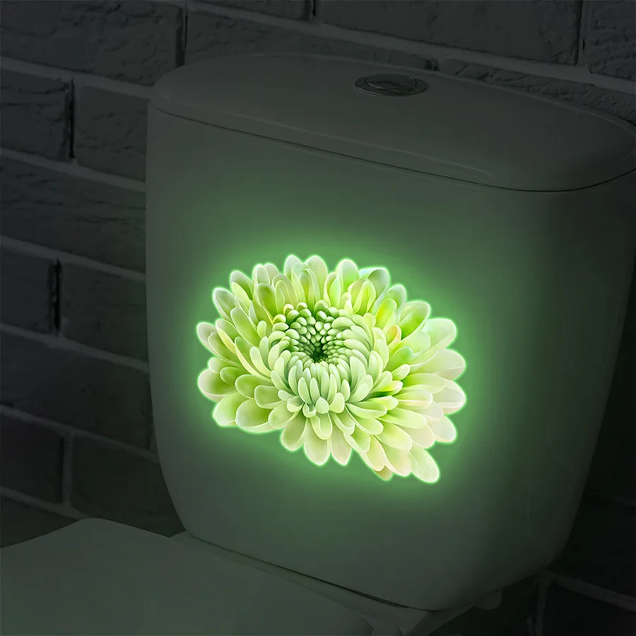 Glow in the Dark Toilet Sticker Green Chrysanthemum Design Fluorescent Self-Adhesive Bathroom Night Light Decor