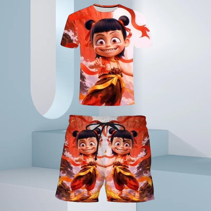 Nezha movie merchandise features a cute short-sleeved shorts set that showcases personality and creativity in a two-piece set.